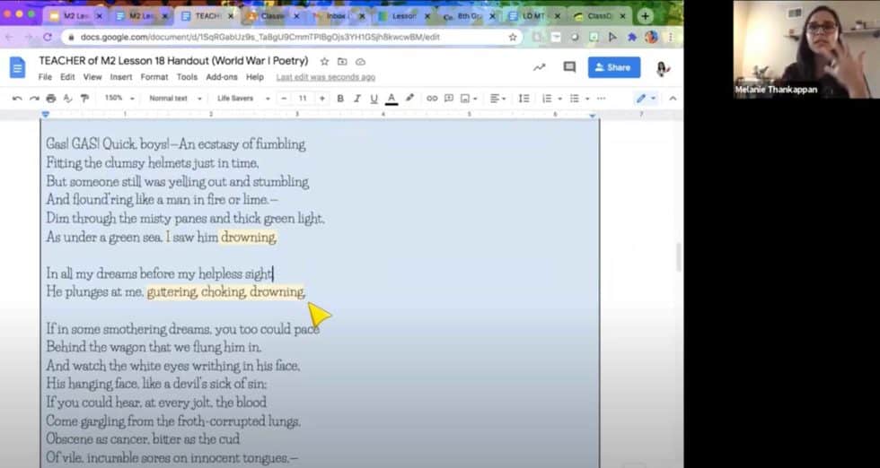 Students in Ms. Thankappan’s 8th grade class analyze the poem “In Flanders Field,” digitally annotating the text to emphasize specific language choices.